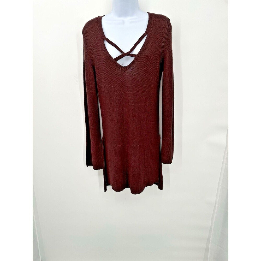 FREE PEOPLE Brown Cross V Neck, Bell/Long Sleeve Tunic Vented Sweater Size S/P